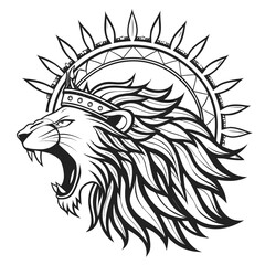 roaring lion in frontal view with crown Elegant and Creative Animal Vector Illustration Featuring Black and White Bold Silhouette and Line Art Design for Artists and Graphic Designers