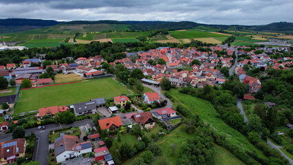 A panorama aerial view around the downtown in the city Markt Einersheim Germany on a sunny spring morning