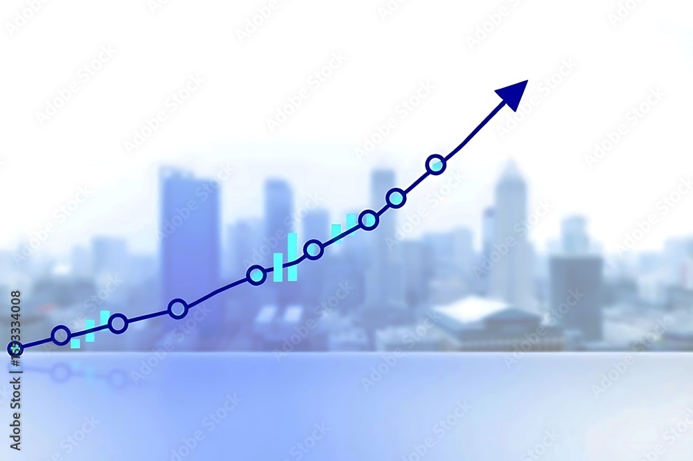 Poster a blue line graph with circular data points and vertical bars shows a steady upward trend against a 