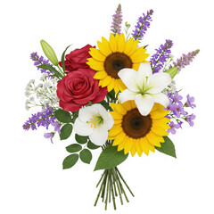 Bouquet of roses lilies and sunflowers isolated on transparent background