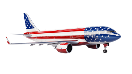 An airplane painted with the american flag design on a black background in a studio setting view
