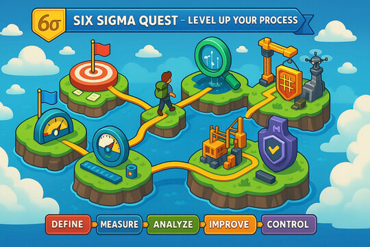 Cartoon roadmap of Six Sigma DMAIC methodology with islands representing Define, Measure, Analyze, Improve, and Control stages in a gamified business process design