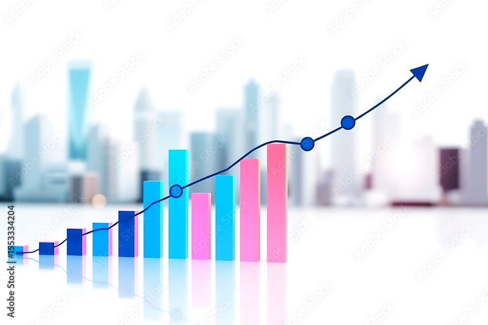 Poster a rising bar chart with a trend line and arrow against a blurred cityscape background symbolizing fi