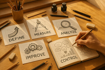 Hand-drawn sketches illustrating Six Sigma DMAIC process with icons for Define, Measure, Analyze, Improve, and Control steps on wooden desk in warm artistic atmosphere