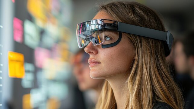 Woman Using Smart Glasses for Augmented Reality Display in Office
