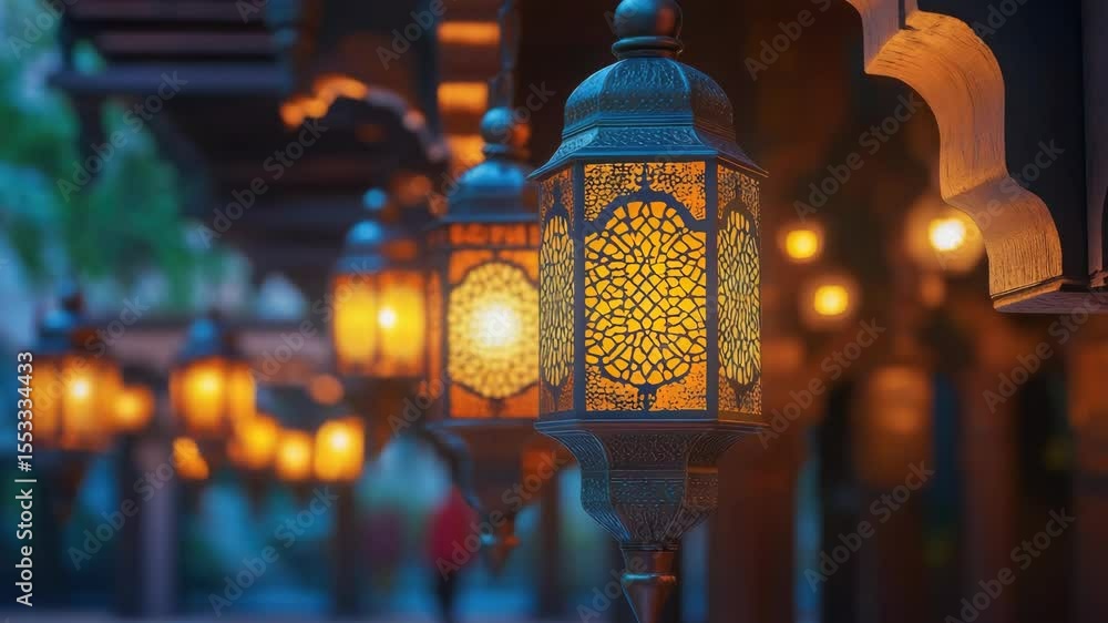 Aufkleber evening scene featuring an array of hanging lanterns and lights, creating a warm and inviting atmosp