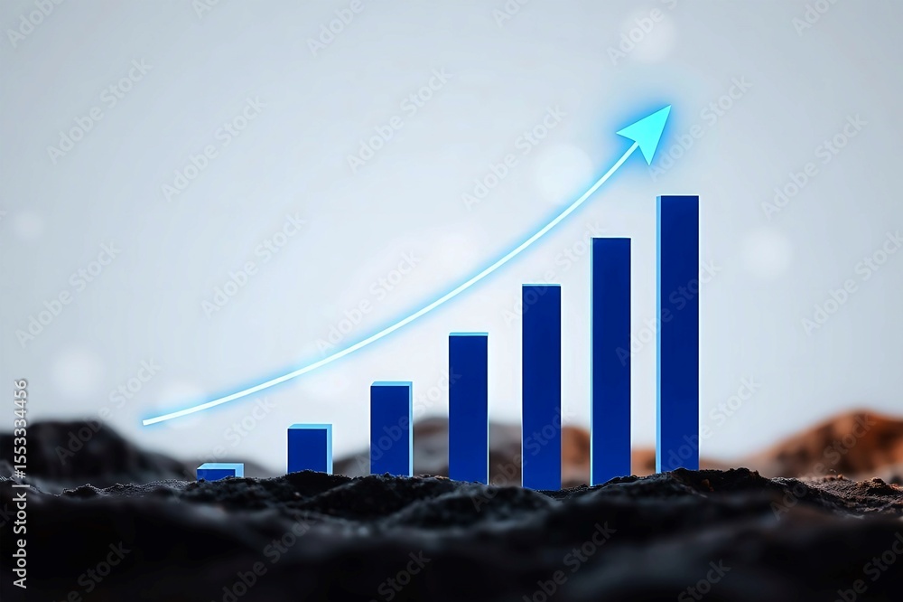 Poster blue bar graph with an upward trending arrow and growth trajectory on a dark textured surface agains