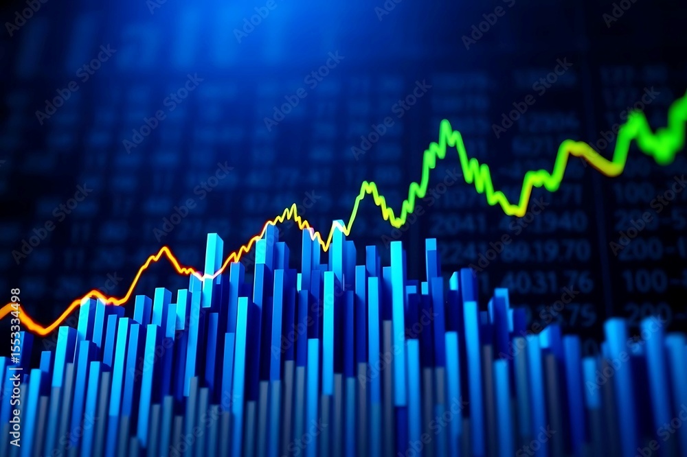 Poster abstract 3d rendering of a financial stock market graph with rising orange and green lines over blue