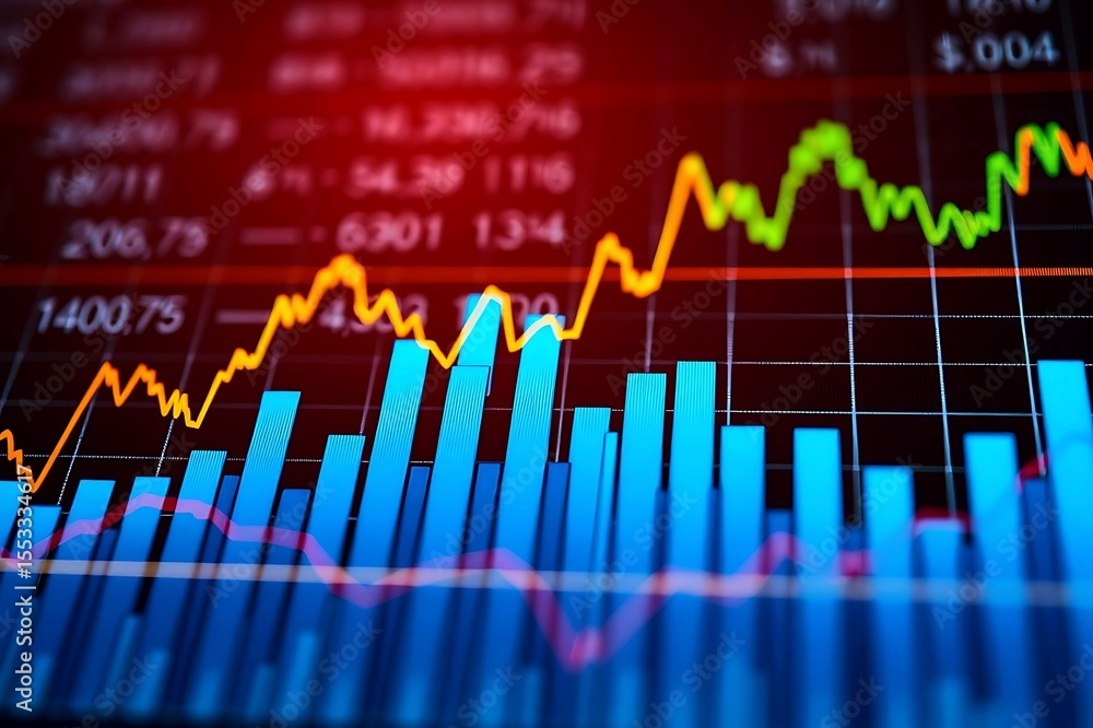 Poster dynamic financial stock market chart with rising bars and fluctuating line graphs displaying economi