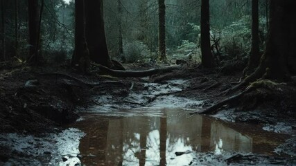 Wet muddy trail through the woods, with reflections of trees in puddles.