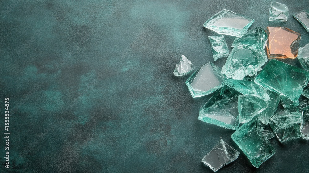 Poster a collection of irregularly shaped shards of glass lies scattered on a textured dark surface, creati