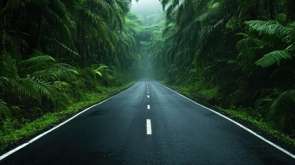 A smooth, dark roadway disappears into a dense, misty jungle, surrounded by lush greenery and towering plants, creating a captivating atmosphere of adventure and mystery.