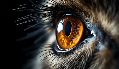 Extreme close up of an animals amber eye with detailed iris and fur animal eye macro