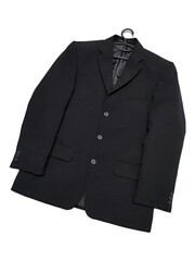 Black man's jacket with hanger isolated on white background flat lay. Three buttons turn down...
