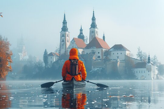 Kayaker exploring tranquil waters near a historic church in a misty landscape during early morning hours in autumn - Powered by Adobe
