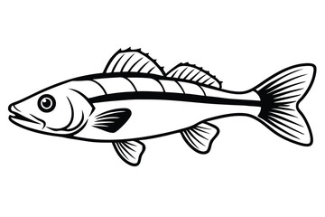 Detailed Black and White Line Art Depicting a Striking Fish with Distinct Fins and Tail