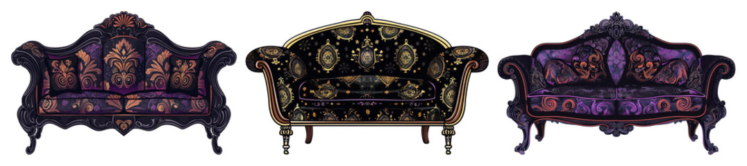 PNG Vintage ornate sofas collection, element set on transparent background