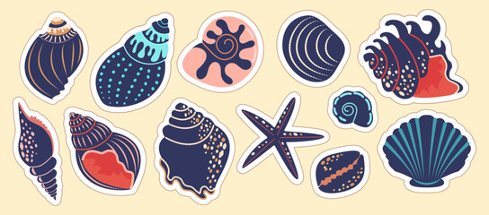 Navy blue seashells and starfish. Collection of nautical elements on a nautical theme for summer products, packaging, branding, design projects, backgrounds, prints.