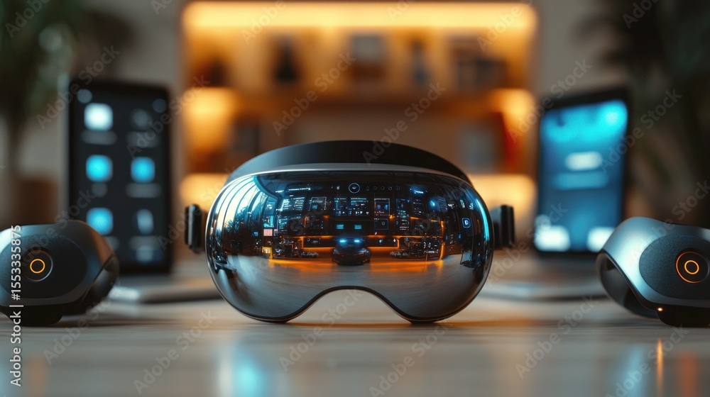 Poster advanced virtual reality headset displayed with modern technology backdrop