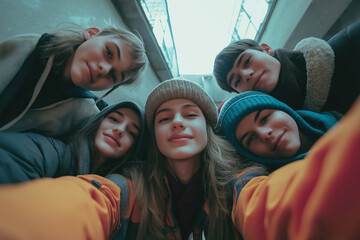 Group of five young friends taking a selfie from below, smiling, wearing winter clothing, inside a modern building with large windows.