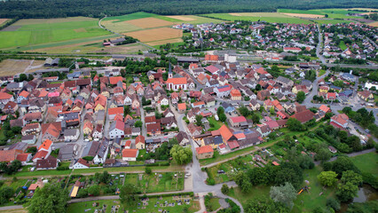A panorama aerial view around the old town in the city Markt Bibart Germany on a sunny spring morning