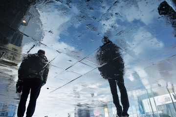 Two people stand on a reflective wet surface, with their reflections and the cloudy sky visible above, creating an abstract mirror effect.