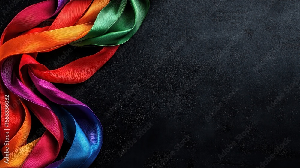 Poster an array of vibrant ribbons in various colors spills elegantly onto a dark surface, symbolizing crea