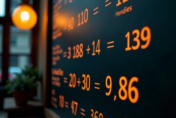 A cozy features math equations on a chalkboard, illuminated by warm lighting. back to school