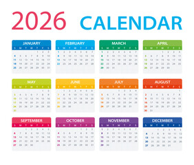 2026 Calendar - vector illustration. Week starts on Sunday