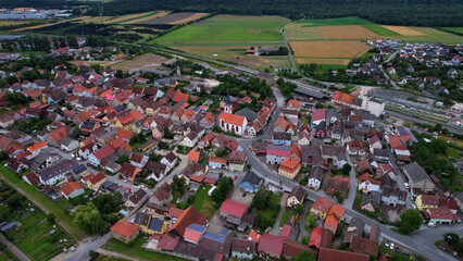 A panorama aerial view around the old town in the city Markt Bibart Germany on a sunny spring morning