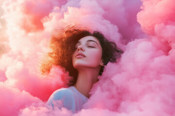 A woman with curly hair and closed eyes surrounded by pink and purple clouds, creating a dreamy, surreal atmosphere.