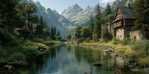 Fototapeta premium Scenic river flows through a lush valley surrounded by mountain peaks and charming rustic houses in nature's embrace