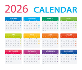 2026 Calendar - vector illustration, Monday to Sunday