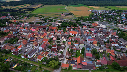 A panorama aerial view around the old town in the city Markt Bibart Germany on a sunny spring morning