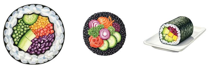 watercolor illustration of vibrant sushi rolls, including a colorful vegetable futomaki and a black rice roll with beautifully arranged fresh ingredients, showcasing healthy and creative Japan