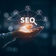 Human hand holding seo concept with digital marketing icons and glowing lights