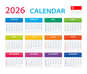 2026 Calendar Singaporean - vector illustration, Singaporean version.