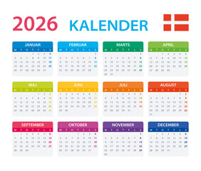 2026 Calendar Danish - vector illustration, Danish version.