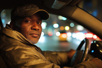 A man wearing a cap and jacket driving a car at night with city lights blurred in the background.