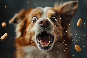 A brown and white dog with wide eyes and open mouth, catching scattered dog treats mid-air against a dark background.