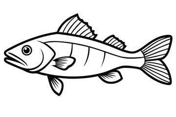 Black and White Illustration of a Striped Fish with Detailed Fins and Tail