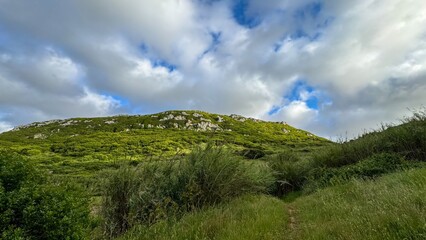 Scenic rolling hills under dramatic indigo clouds, embodying midsummer serenity, perfect for...