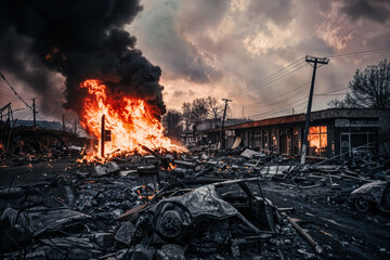 Commercial street engulfed in flames after explosion