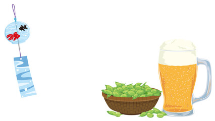 風鈴とビールと枝豆のベクターイラストテンプレート(Vector Illustration Template with Wind Chime, Beer, and Edamame)