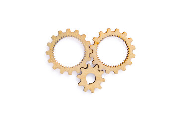 Wooden cogwheels on white background 