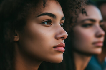 Two women with curly hair and natural makeup look to the side, with serious expressions, against a dark background.