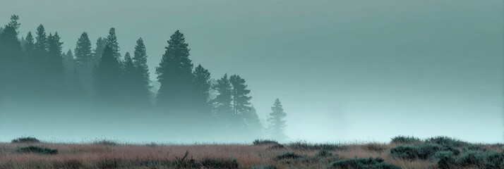Banner with dense pine forest in early morning fog with quiet meadow foreground and cold muted tones