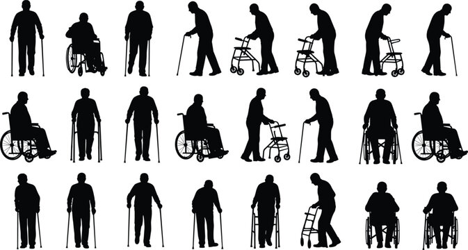 Elderly people walking with cane, using walker and wheelchair, senior mobility aid silhouette collection, disability support, rehabilitation concept