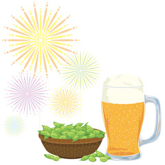 花火とビールと枝豆のベクターイラストテンプレート(Vector Illustration Template with Fireworks, Beer, and Edamame)