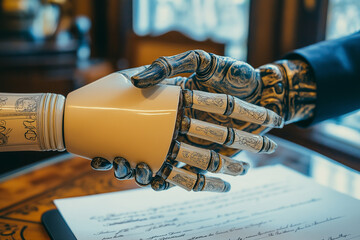 Two robotic hands shaking hands, above a wooden table with a signed document, a white robotic hand with patterns and a metal robotic hand with patterns.